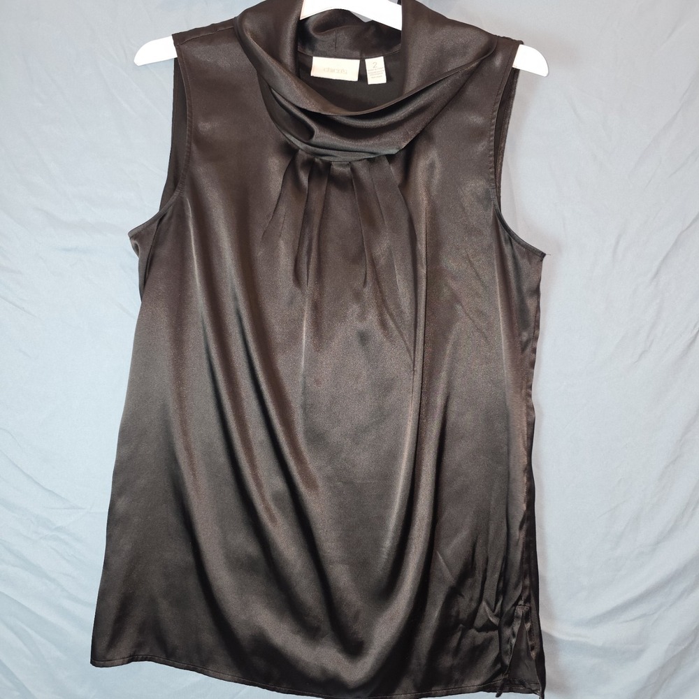 CHICO'S Size 2 Sleeveless Cowl Neck Blouse Shiny Black Top Stretch Party Holiday